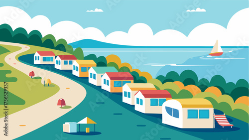 A panoramic view of the seaside caravan park with rows of charming mobile homes leading down to the inviting waters of the sea.