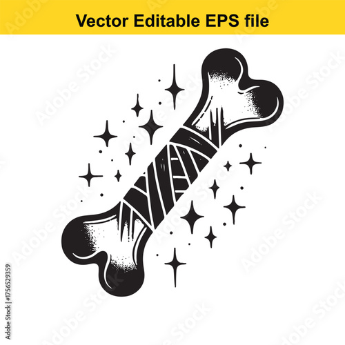 Vsai vector art of black and white graphic of a dog bone with sparkling stars, isolated on a