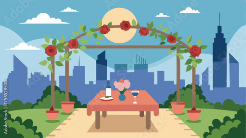 A rooftop oasis with a touch of romance this garden features climbing vines and blooming roses creating a tranquil and intimate setting. Enjoy a picnic under a shaded pergola while
