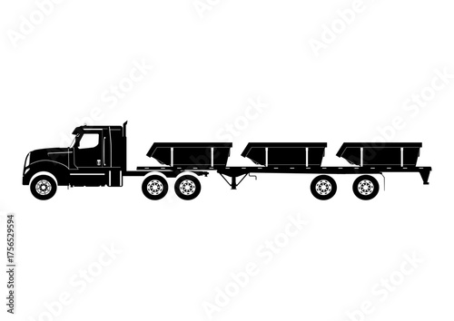 Silhouette of a heavy-duty truck with a flatbed trailer and off-skips cargo. Vector