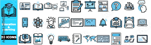 A collection of 30 icons representing education and learning, including books, graduation caps, computers, and students.