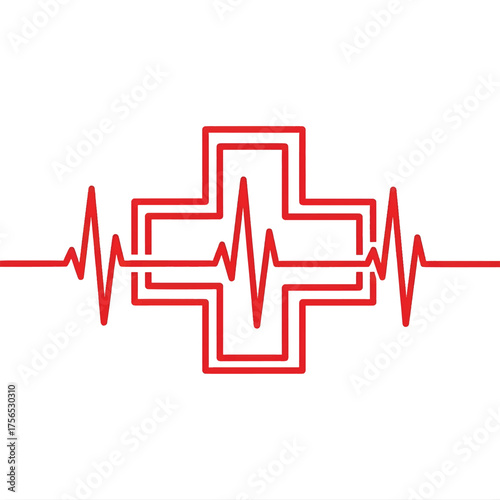 An abstract concept of healthcare and medicine represented by a red electrocardiogram heartbeat line forming a a medical cross symbol