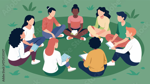 A circle of college students sitting on the grass candidly sharing their experiences with body shaming and societal beauty standards.. Vector illustration