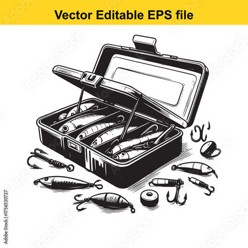 Vsai vector art of open tackle box filled with fishing lures and bait
