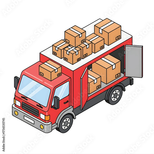 An isometric illustration of a red delivery truck overloaded with cardboard boxes, representing shipping, logistics, and e-commerce distribution services