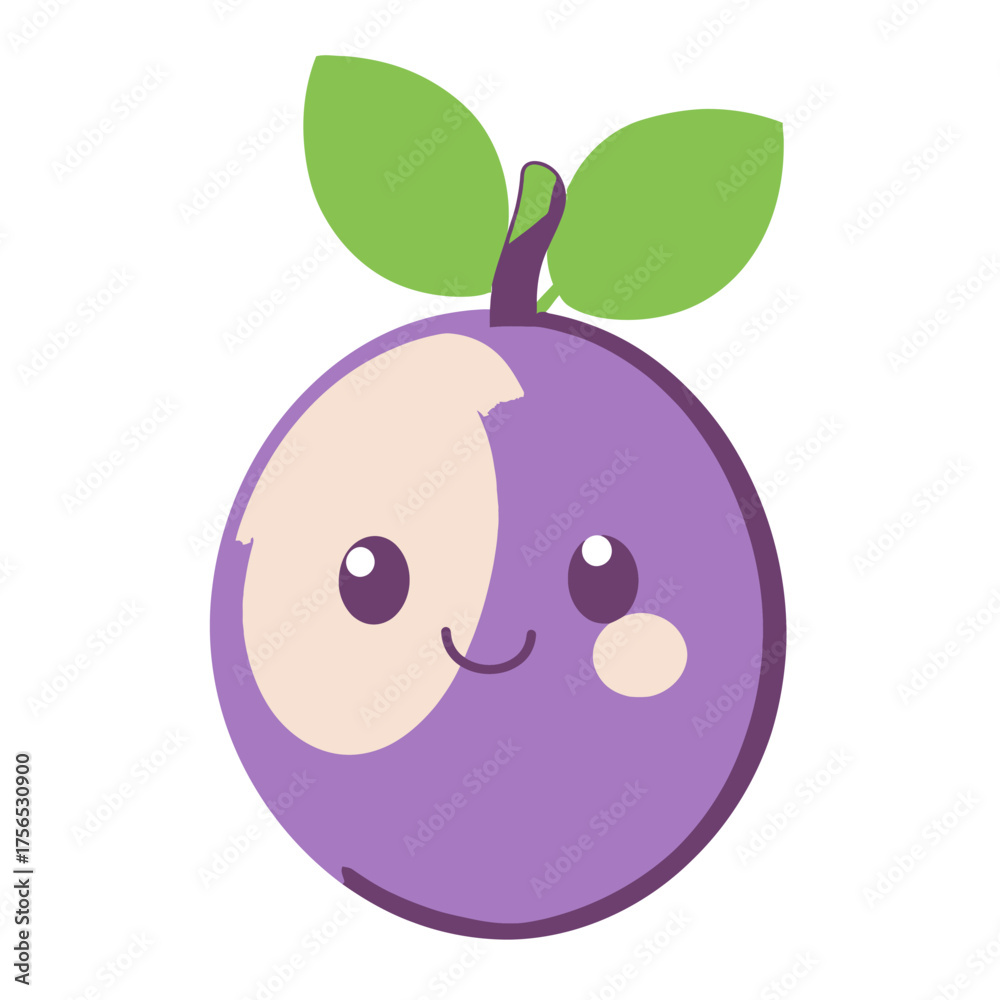 Fototapeta premium Cute Cartoon Plum Character with Green Leaves Smiling.