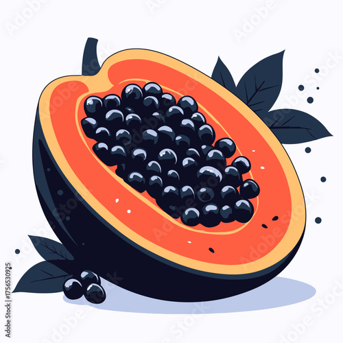 Freshly Sliced Papaya with Abundant Black Seeds and Dark Leaves.