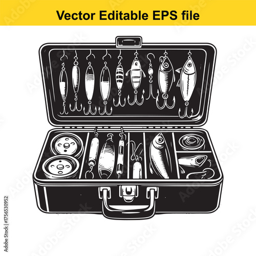 Vsai vector art of fishing tackle box with organized compartments for lures and bait
