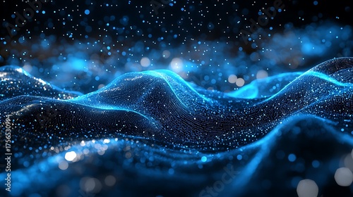 Abstract Blue Particle Wave Background with Glowing Lights and Digital Flow.