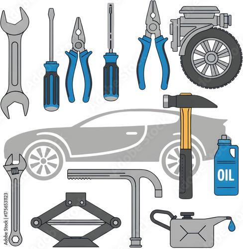 Illustrated collection of essential automotive mechanic tools for vehicle repair and maintenance, including a jack, wrench, and oil can