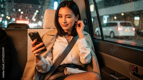 夜のタクシーの後部座席でスマホを持ち、ウインクする女性