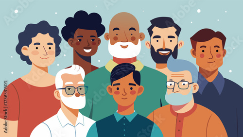 A collage of diverse men of all ages sizes and backgrounds coming together in solidarity and empowerment through a mens body image support group.. Vector illustration