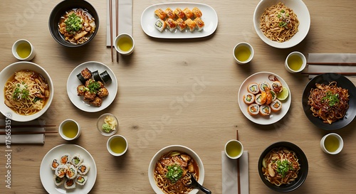 Top view of a delicious Asian food feast with sushi, noodles, and rice bowls on a wooden table