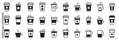 black and white coffee cup vector pack icons travel mug paper cup reusable cup coffeehouse glyphs