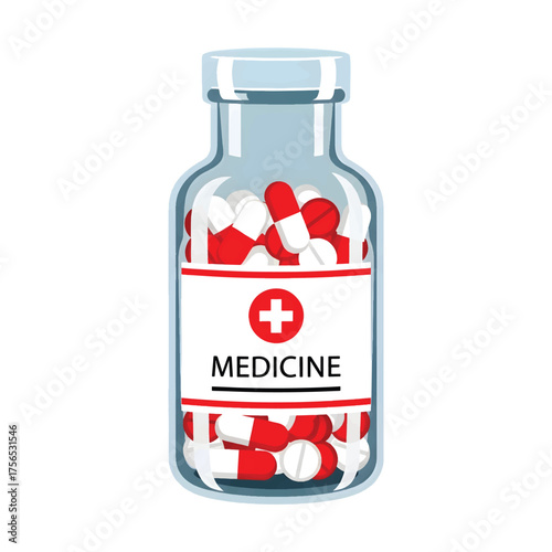 A clear glass bottle filled with an assortment of red and white pharmaceutical pills and capsules, representing essential healthcare, medication, and wellness treatments