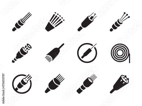 black and white fiber optic connector illustrations vector set for technical documentation ui iconography and presentations