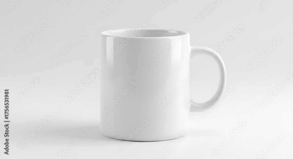 Obraz premium A plain white ceramic coffee mug with a handle, standing upright on a clean white background, ready for customization or daily use.