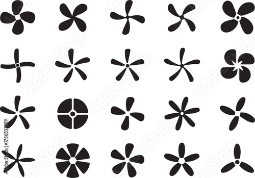 minimal black fan and propeller icon collection designs rotor blades turbine impeller vector set for web and print