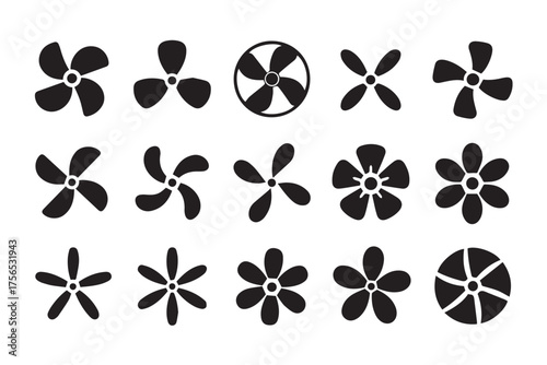 black fan icon set 4x4 grid vector bundle turbine propeller rotor blades minimalist silhouette for interface design