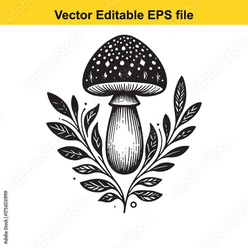 vector art of black and white illustration of a mushroom with leaves