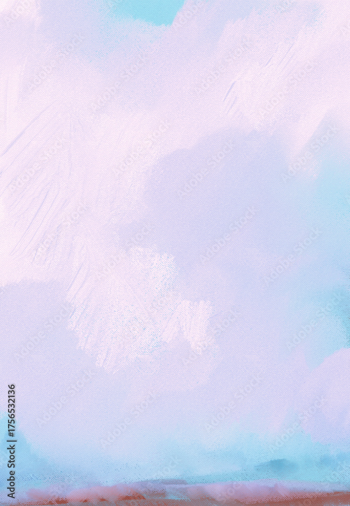 Fototapeta premium Impressionistic Cloudscape of Misty or Foggy & Puffy Clouds Over Mountains & Hills in the Distance in Lavender, Light Blue & Purple w/Paint & Canvas Texture 
