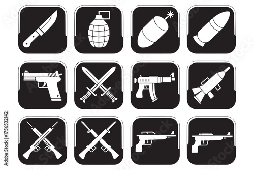 military weapon icons pack vector glyphs combat knife grenade rifle pistol submachine gun