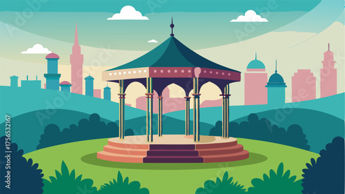 A majestic gazebo situated on a hill offering sweeping views of the city skyline and a perfect spot for outdoor concerts and gatherings.