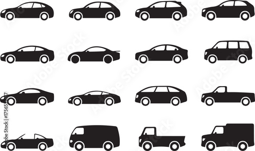 16 vehicle silhouettes grid showing micro sedan cuv suv hatchback pickup coupe van truck vector icons