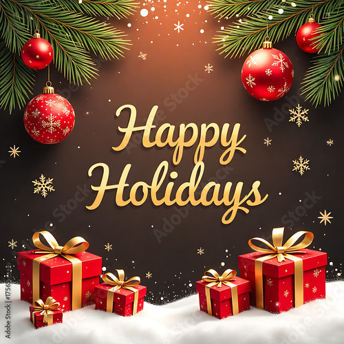 Elegant Merry Christmas and Happy Holidays Greeting Card in Red and Gold