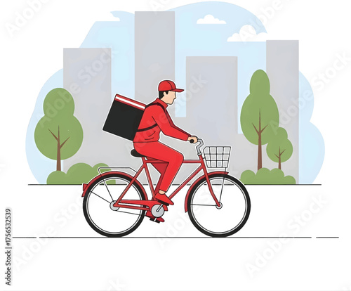 Efficient urban delivery service illustration with a courier on a bicycle, swiftly transporting goods through a modern cityscape, symbolizing speed and convenience for customers