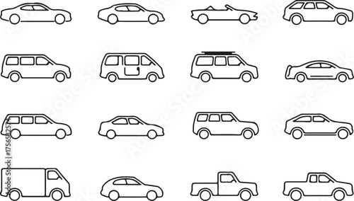 vehicle silhouettes 4x4 grid line drawings sedan suv van pickup box truck vector