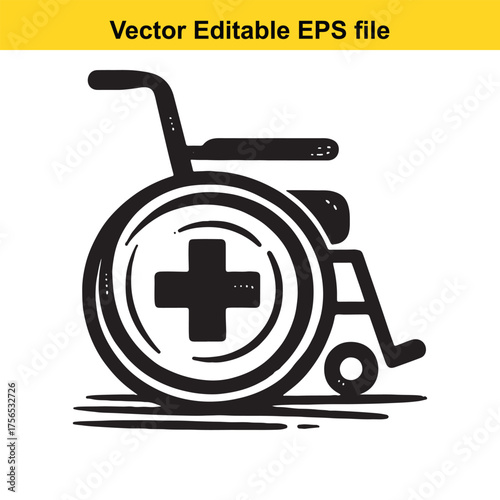 Vsai vector art of hand drawn sketch of a wheelchair with a medical cross symbol on the wheel