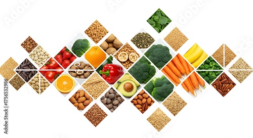 A vibrant collage of healthy superfoods including fresh fruits, vegetables, nuts, and grains