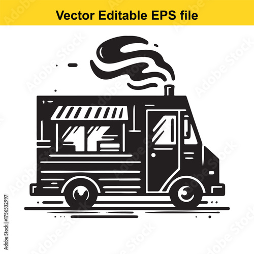 vector art of black and white illustration of a food truck with smoke coming out of the top
