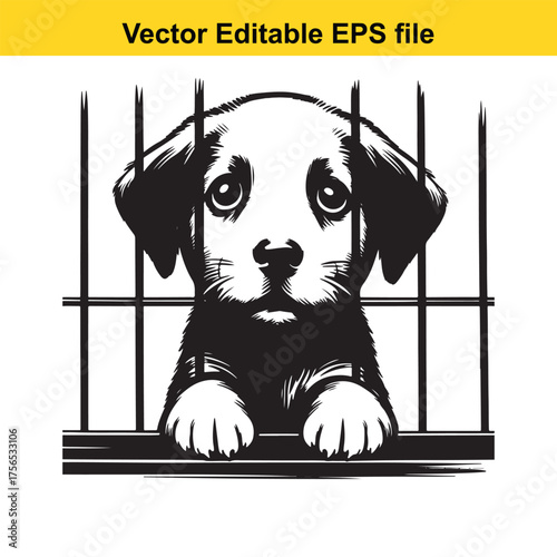 Vsai vector art of sad puppy in a cage, looking out through bars