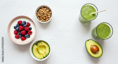 A vibrant overhead view of a healthy breakfast spread including yogurt with berries, granola, sliced avocado, and two green smoothies.