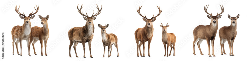 Fototapeta premium Majestic deer family collection, graceful wildlife portraits showcasing nature's beauty and serene charm, perfect for conservation awareness and outdoor adventure designs
