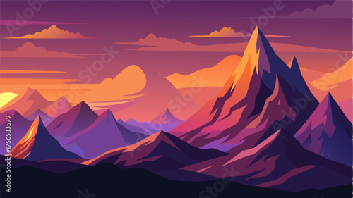 A dramatic landscape of towering mountains their rugged peaks jutting out against a colorful sunset sky painting the scene with shades of pink orange and purple.