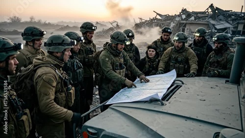 Soldiers men and one woman discuss map at night after disaster, military planning for rescue or defense operations footage.