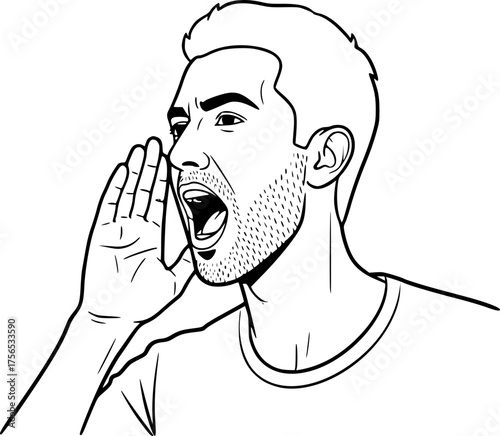 Happy Man with Stubble Thin Beard Shouting with Hand Near Mouth Communicating Black and White Outline Line Art Drawing
