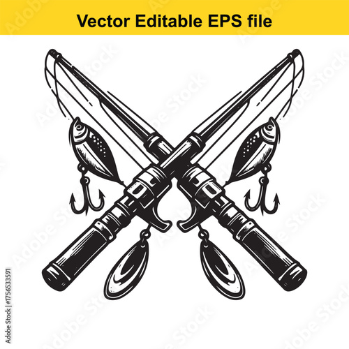 vector art of two crossed fishing rods with lures and hooks, angling equipment