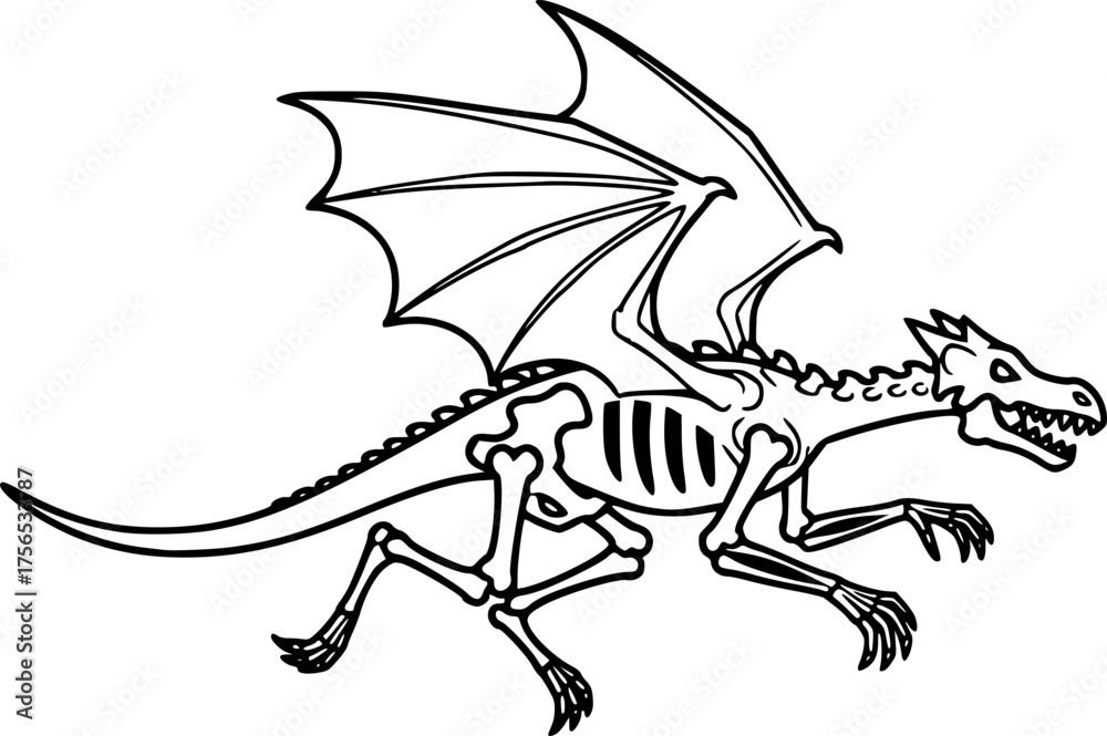 Fototapeta premium Spooky Skeleton Dragon Running with Wings Black and White Outline Line Art Drawing Vector Illustration 
