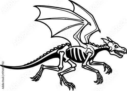 Spooky Skeleton Dragon Running with Wings Black and White Outline Line Art Drawing Vector Illustration
