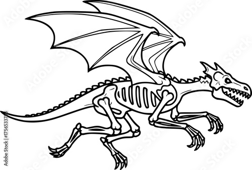 Spooky Skeleton Dragon Running with Wings Black and White Outline Line Art Drawing Vector Illustration

