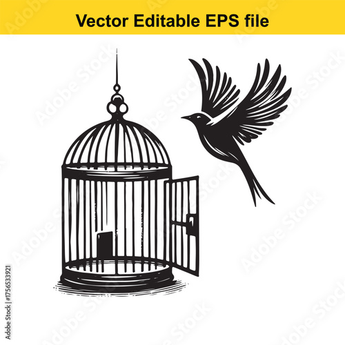 vector art of open birdcage with a bird flying out, symbolizing freedom and escape