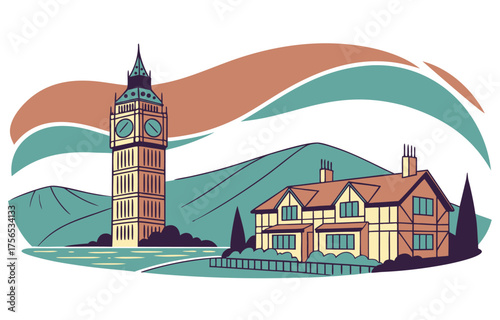 Stylized London Landmark Vector Design Big Ben Tower & English House with River View Artistic Minimalist Composition Travel Art Illustration Modern Graphic with Geometric Elements