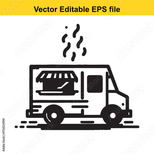 vector art of black and white line art icon of a food truck with steam coming out