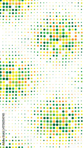 Green and yellow halftone dots, aligned vertically in organic flow, creating lively gradient effect, abstract modern background, perfect for tech or print visuals