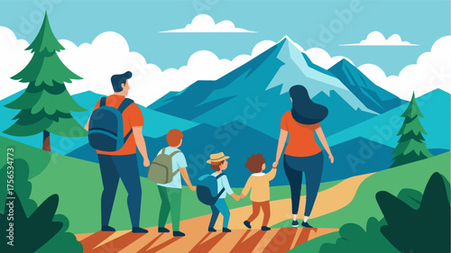 A family going for a casual hike in the mountains enjoying the fresh air and each others company without the need to rush or reach a specific destination.. Vector illustration