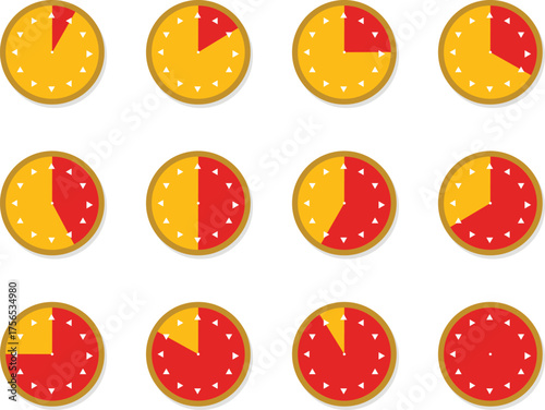 Flat Vector Timer and Clock Progress Icons in Red and Yellow Color for Schedule Design